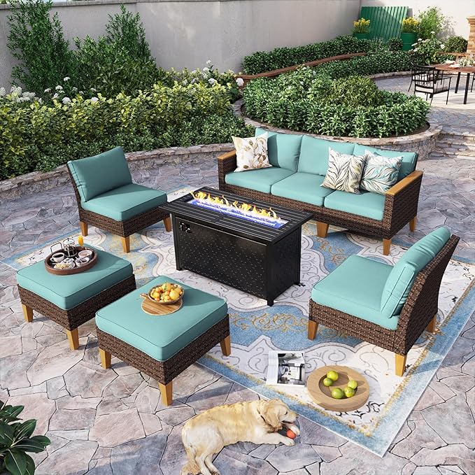 Sophia & William Patio Furniture Set with Fire Pit Table, 8 Piece Outdoor Wicker Furniture Sectional Sofa, Large Patio Rattan Conversation Set with Ottoman & 45" Fire Pit Table(Aqua Blue)