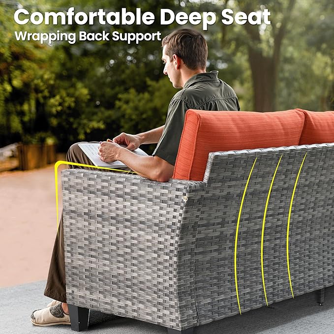 ovios 6 Pieces Patio Furniture Set, Outdoor Wicker Sofa Couch with Rocking Swivel Chairs Comfy Cushions, Modern Deep Seat Rattan Conversation Sets for Porch Deck, Orange Red