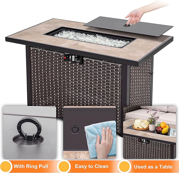 Nuu Garden Propane Fire Pit Table, CSA Certified 43 Inch 50,000 BTU Outdoor Propane Gas Fire Pit Table, Propnae Fire Pit with Ceramic Tabletop, Oxford Cover, 7 lbs Glass Stone, Dark Brown and Coffee