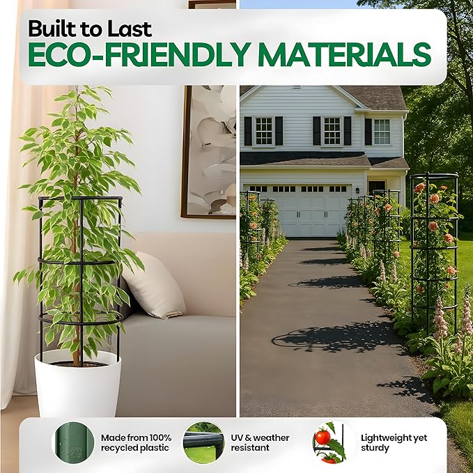 Tomato Cage – Trellis for Climbing Plants - Adjustable Plant Support Stakes, Monstera, Cucumber – Indoor/Outdoor, Tool-Free, Recycled Materials, Fits Greenhouse/Raised Beds (85cm x 22cm)