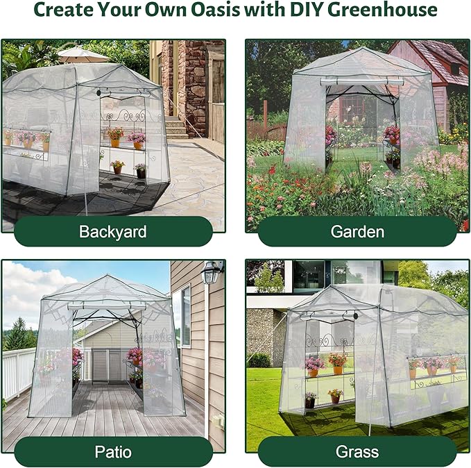 11 x 8.5 FT Walk-in Greenhouse, Portable Pop-up Green House 3 Adjustable Hights Heavy Duty Plant Gardening Canopy with Durable PE Cover for Indoor Outdoor (Clear and White)