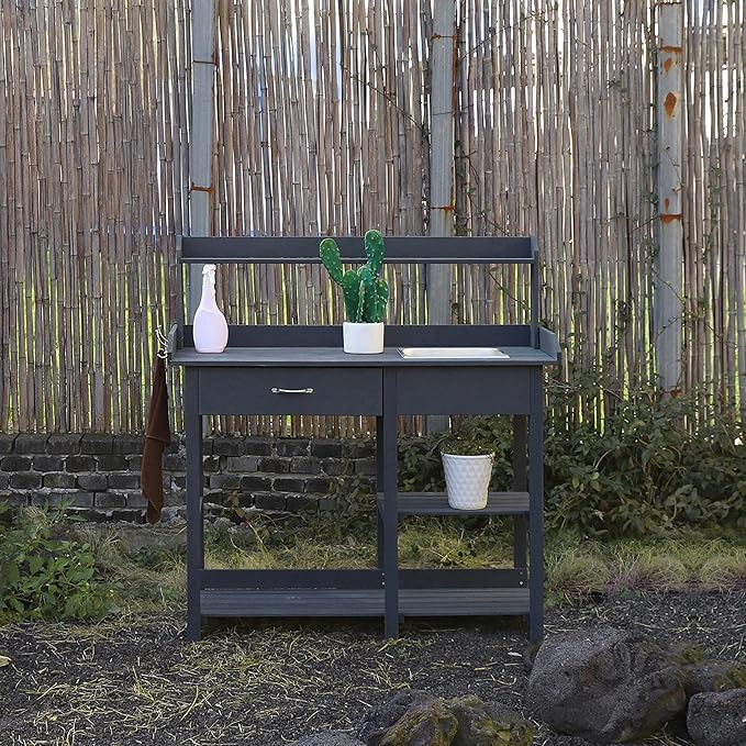 MUPATER Potting Bench Garden Table for Outdoors with Removable Stainless Sink, Planting Work Bench with Storage Shelves and Drawer, Grey