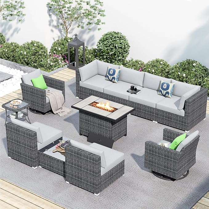 HOOOWOOO 11 Piece Patio Sectional Furniture Set with Fire Pit Table,Modern Wicker Outdoor Conversation Sofa Sets,Weather Resistant Modular L Shaped Outside Couch Swivel Chair Set(Light Grey)
