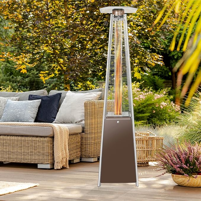 Casafield Outdoor Propane Patio Heater with Wheels, Mocha - Modern Dancing Flame, Commercial & Residential, Uses Standard 20lb LP Gas Tank