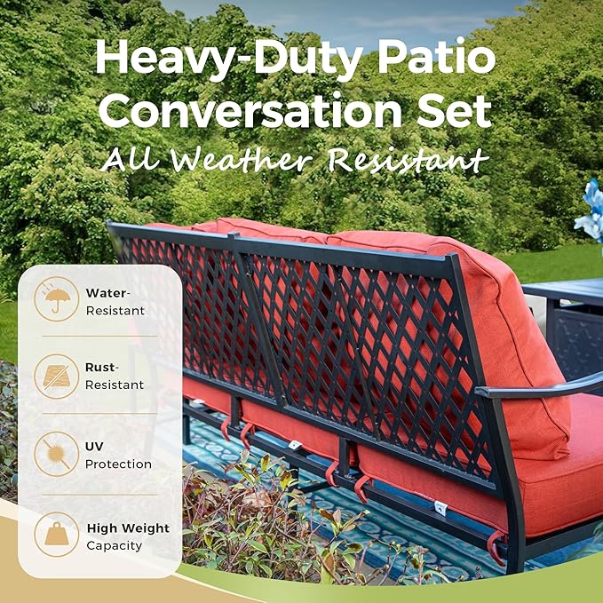 Patio Furniture Set 5 pcs, Outdoor Patio Furniture, 3-Seat Sofa, 2 Swivel Chairs, 2 Ottomans and 5.75" Extra Thick Cushion, Patio Conversation Set for Garden Backyard Deck,Red