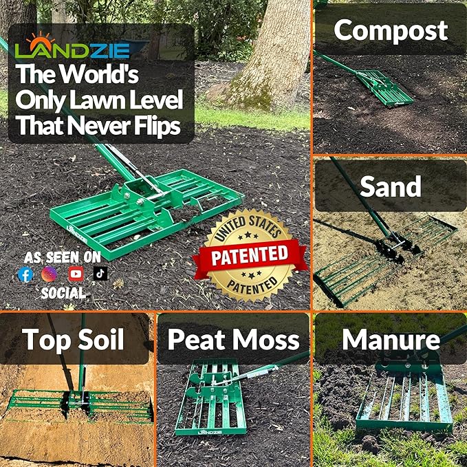 Landzie AeroLeveler - The Lawn Leveling Rake That Never Flips - Patented inch Wide Pneumatic Lawn Level for Yard, Dirt, Soil, Sand, Provides Stability and Control (Pneumatic 24" Leveling rake)