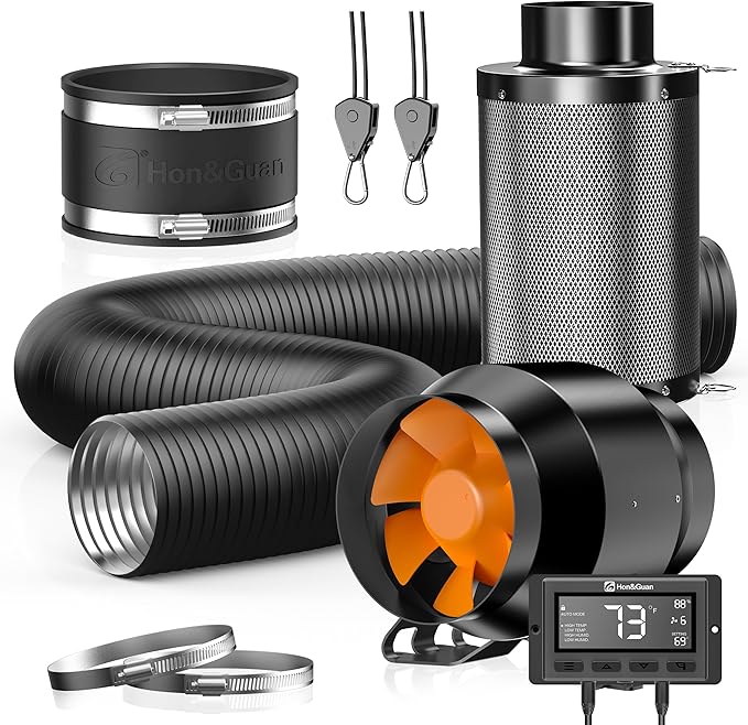 Hon&Guan 4 Inch 212 CFM Air Filtration PRO Kit for Grow Tent Ventilation System, 4" Inline Duct Fan with EC Motor, Smart Temperature Humidity Controller, 4" Carbon Filter & 8 Ft Ducting