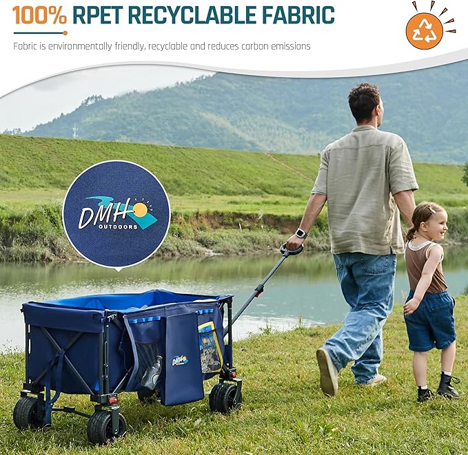 53.5" Extra Long Collapsible Wagon with Tailgate, 325lbs Heavy Duty Utility Folding Cart with All-Terrain 8"x 4.25" Big Wheels and Brakes, Foldable Beach Wagon for Garden Sports Camping Shopping