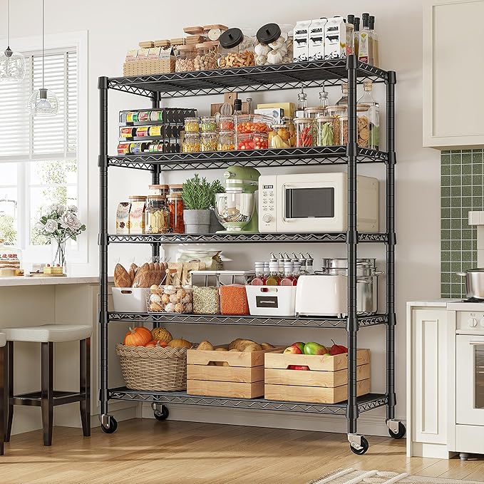 REIBII 1984LBS Storage Shelves with Wheels 75.2"H Wire Shelving Unit, Metal Shelving with Wheels & Feet, 5 Tier Adjustable Metal Dorm Storage Shelves for Pantry Kitchen Garage, 75.2"H x 35.5"W x 16"D