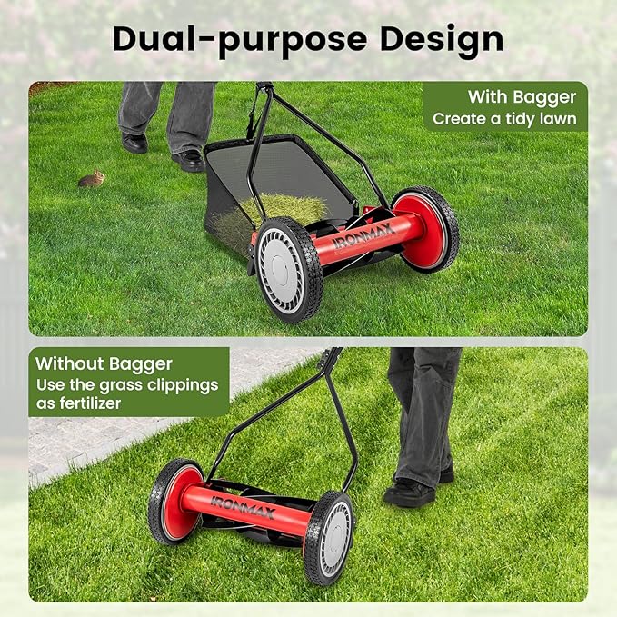Goplus Manual Lawn Mower, 14 Inch 5-Blade Walk-Behind Cordless Grass Cutter with 7 Gallon Removable Grass Collect Bag, Adjustable Cutting Heights, Push Reel Lawn Mower for Yard, Garden