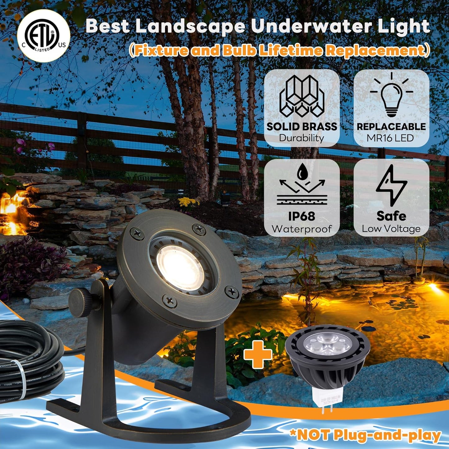 Submersible Pond Light - 12V Low Voltage IP68 Waterproof, Solid Brass Underwater Light with 5000K MR16 LED Bulb, for Water Fountains, Waterfalls, Pool and Outdoor Landscape Lighting(4 Pack)