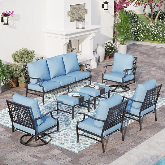 7 Piece Metal Outdoor Patio Furniture Set, Patio Conversation Sets 1 3-seater Sofa, 2 Fixed Chairs, 2 Swivel Chairs, 2 Ottomans with 5.75" Thick Cushion, Black Backyard Furniture, Blue