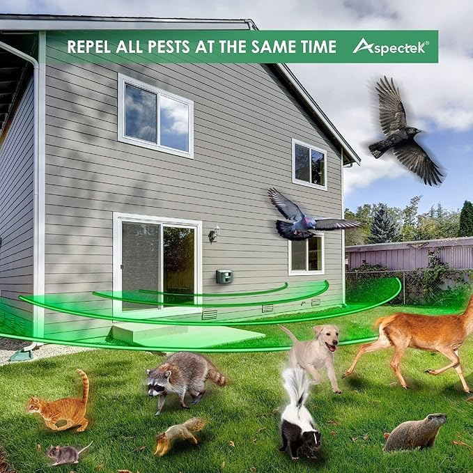 ASPECTEK Yard Sentinel Outdoor Ultrasonic Animal Repeller with Motion Sensor, Adjustable Volume, Waterproof, Extension Cord, Powerful Repel for Squirrel, Raccoon, Skunk, Rabbit, Fox, Deer, Etc