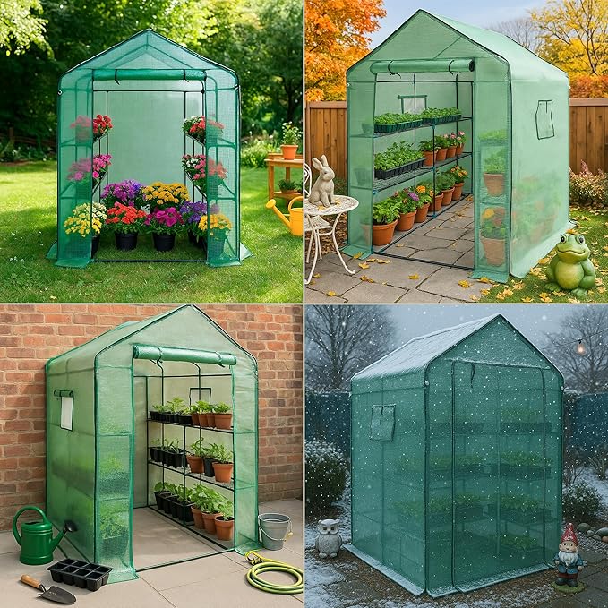 Elly Walk-in Outdoor Greenhouse with Durable PE Cover 56 x 56 x 76 Portable Green House with 2 Mesh Side Windows, Shelf Clips, 3 Tier 8 Shelves Heavy Duty, Plant House with Roll-up Zipper Door