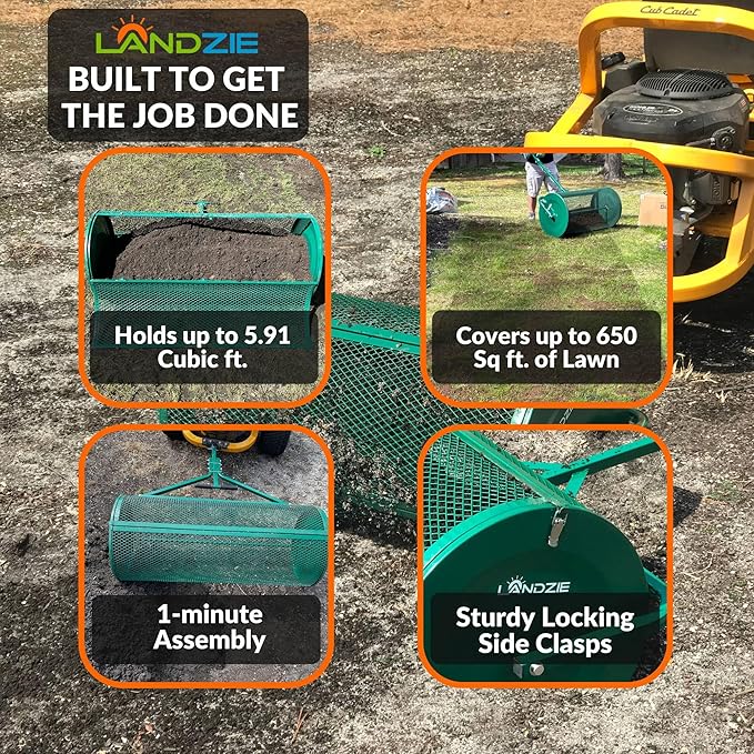 LANDZIE Lawn & Garden Spreaders - 36 Inch Heavy Duty Metal Mesh Basket Push/Tow Spreader - Compost, Peat Moss, Top Soil, Mulch - Durable Lightweight Multi-Purpose Yard Care Equipment - Manure Spreader