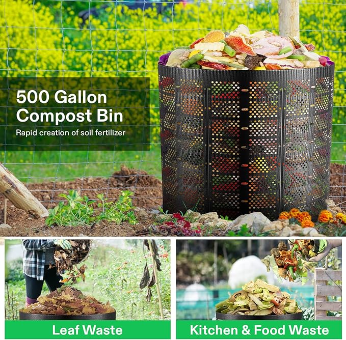 VIVOSUN 500 Gallon Outdoor Compost Bin, Expandable Composter, Easy to Setup & Large Capacity for Backyard, Lawn (Black with Gloves)