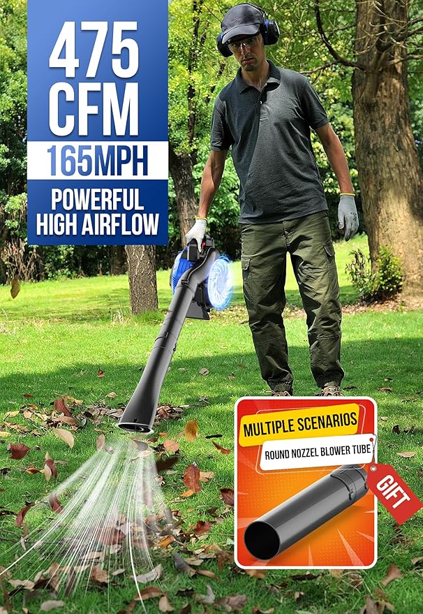 WILD BADGER POWER Leaf Blower,26cc Gas Powered Cordless 2-Cycle Engine for Lawn Care, 475CFM 165MPH Strong Air Flow for Leaf, Sand, Gravel and Snow, Light Weight 10.1 lbs