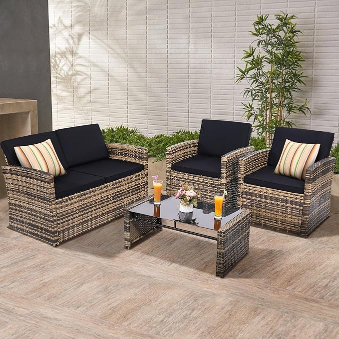 4 Pieces Patio Conversation Set, Outside Rattan Sectional Sofa, Cushioned Furniture Set, Wicker Sofa Ideal for Garden, Porch, Backyard, Natural Color Rattan and Black Cushion