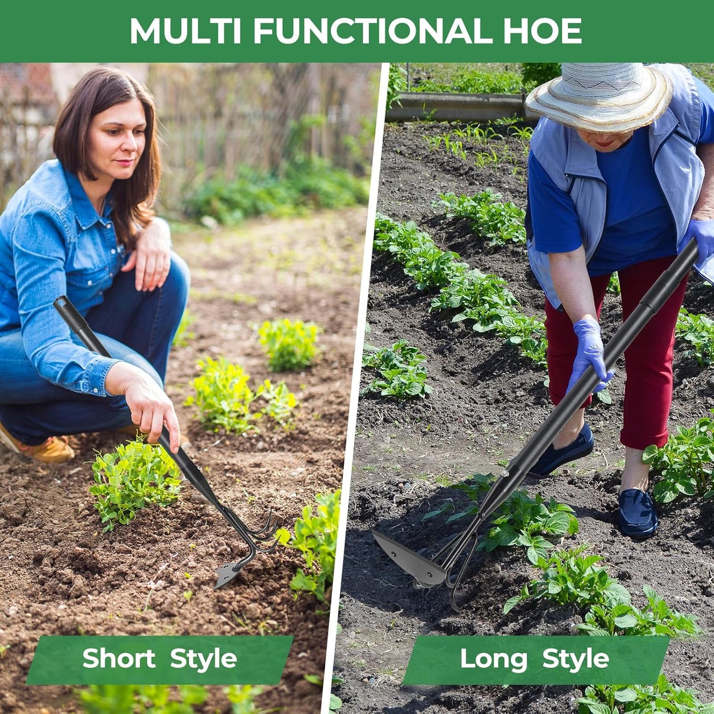 Garden Hoe 44 Inch Long Cultivator with Adjustable Long Handle - Heavy Duty Weeding & Soil Loosening Tool for Gardening, Lawn, and Yard Work