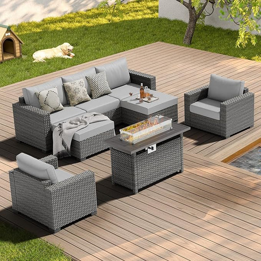 ABCASA Patio Furniture Set with Fire Pit Table, 44" 60,000 BTU Flame Comfortable 8 Piece Wicker Rattan Outdoor Furniture Set with Propane Fire Pit, Patio Conversation Sets for Porch,Deck,Poolside,Grey