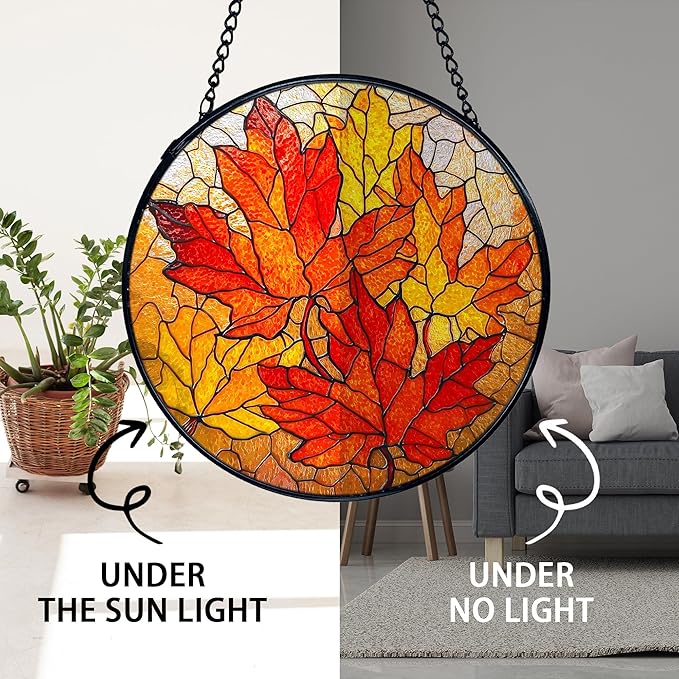 TNUW Fall Leaf Stained Glass Window Hanging, Rustic Autumn Maple Leaves Sun Catchers Indoor Window Glass Round Wall Art Decor, Fall Autumn Wall Hanging Decorations, 7.9＂x7.9＂