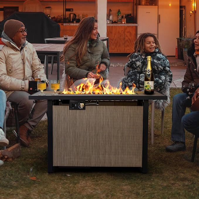 Nuu Garden 43" Propane Fire Pit Table, CSA-Listed Outdoor 50,000 BTU Gas with Lid and Glass Beads, 2-in-1 Rectangular for Outside Backyard Patio, Light Brown