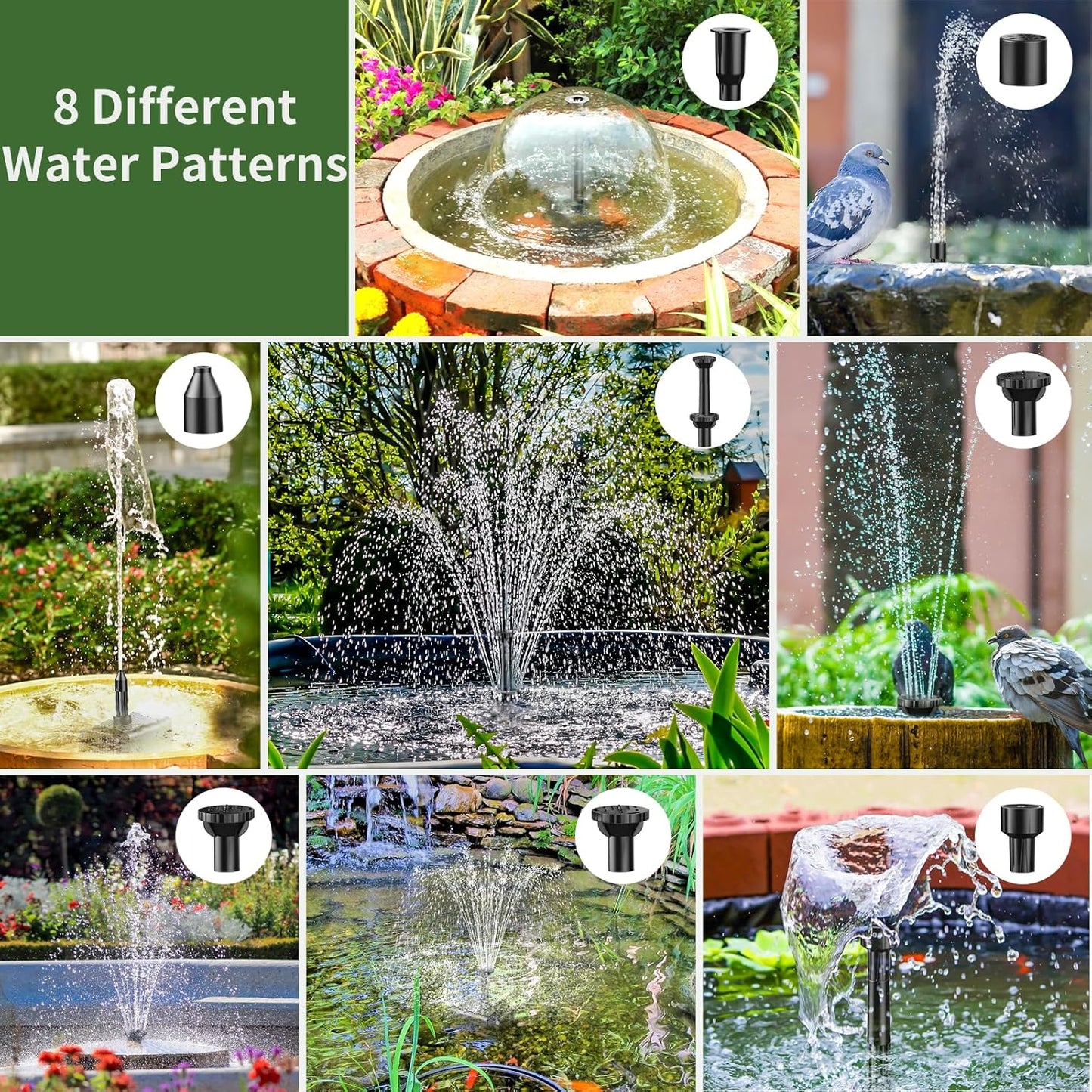 Antfraer Solar Fountain Pump Built-in 3600mAh Battery Backup, 8W Solar Water Pump for Bird Bath with Dry-Run Protection & Double-Layer Nozzles & 5Ft Tubing for Bird Bath Pond Water Features