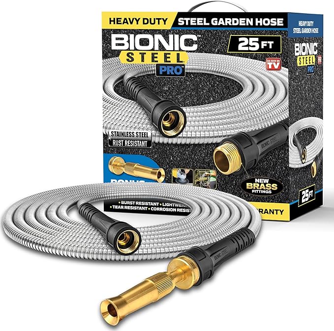 Bionic Steel Pro 25 FT Garden Hose with Nozzle, 304 Stainless Steel Metal Water Hose 25Ft, Flexible Hose, Kink Free, Lightweight and Durable, Crush Resistant Fitting, Easy to Coil, 500 PSI 2025 Model
