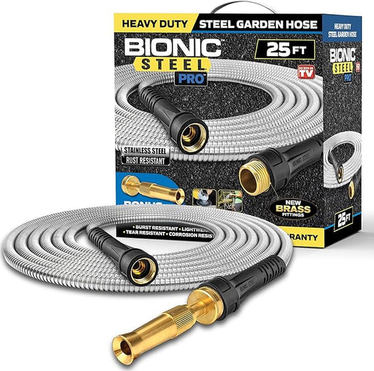 Bionic Steel Pro 25 FT Garden Hose with Nozzle, 304 Stainless Steel Metal Water Hose 25Ft, Flexible Hose, Kink Free, Lightweight and Durable, Crush Resistant Fitting, Easy to Coil, 500 PSI 2025 Model