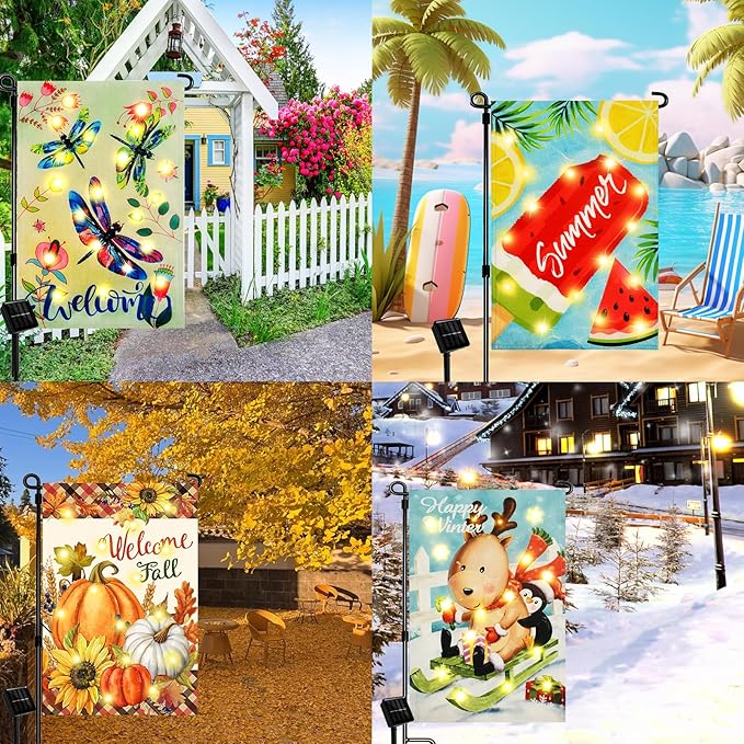 Solar Seasonal Garden Flags Set of 12, Lighted 12×18 Double-Sided Yard Flags for Outside Halloween Christmas Fall Thanksgiving Day Decorations Welcome Flag Outdoor Holiday Decor