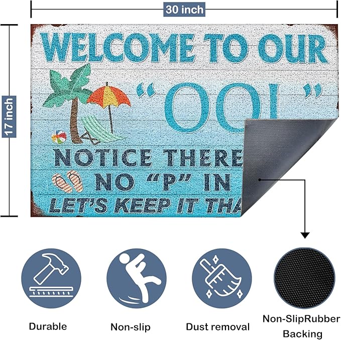 Summer Swimming Pool Door Mat, Funny Poolside Welcome Floor Mats Non-Slip for Front Door Porch Indoor Outside Entrance Entryway, Summer Coastal Doormat, 17x30 Inch
