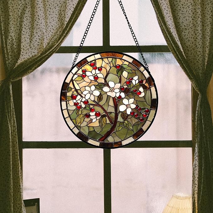 CRIS GIF Stained Glass Window Hanging - Hawthorn Tree Birth Flowers Suncatcher for Doors Garden Patio Sun Catchers Decor Christmas Mother's Day Birthday Gifts for Women Men Mom Nana Friend 11.8 in