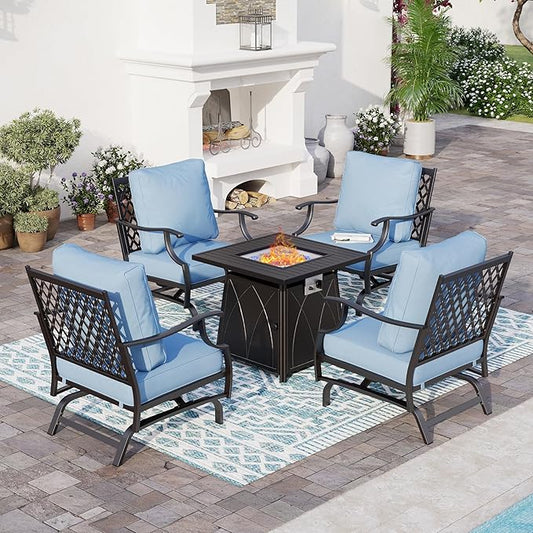 5 Piece Metal Outdoor Patio Furniture Set with Fire Pit Table, Patio Conversation Sets 4 Rocking Chairs with 5.75" Thick Cushion and 5000 BTU Fire Pit Table, Backyard Furniture, Blue