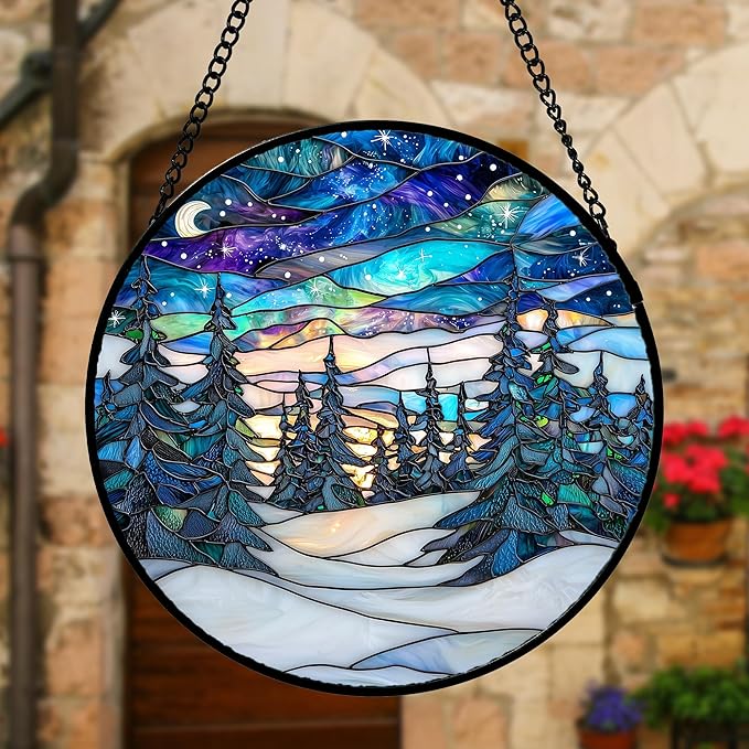 Stained Glass Window Hanging, Starry Sky Trees and Snow Sun Catchers Glass Panel Blue Suncatcher Decor for Birthday for Women, Men, Wife, Aunt, and Mom 7.8 in