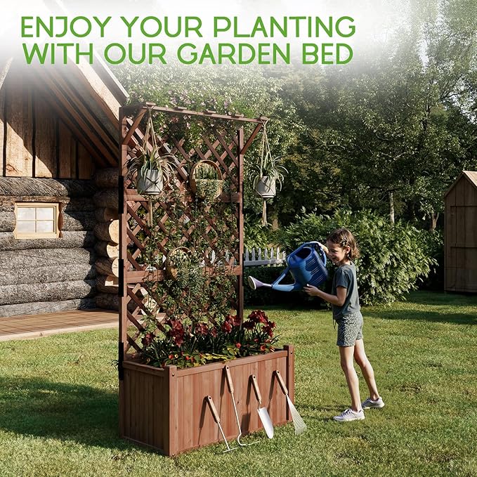 SPECRAFT Wood Planter with Trellis, 35.4x17.7x72 Inch Raised Garden Bed, 1.6Ft Deep Large Planter Box for Outdoor Gardening, Vegetables, and Climbing Plants