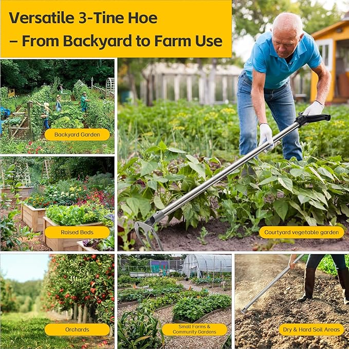 Potato Hand Rake Garden Tool - 47" Long Handle Cultivator Weeding Rakes, 3-Tine Heavy Duty Carbon Steel with D Grip for Grass Root Digging,Soil Loosening,Dirt Turning