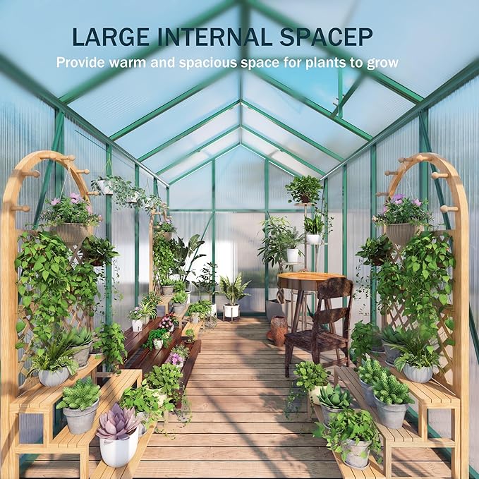 86in High 6*10.2FT Greenhouse for Outdoors, Polycarbonate Greenhouse with Stronger Wind Protection and Roof Vent, Walk-in Large Aluminum Sunroom Winter Proof, Green