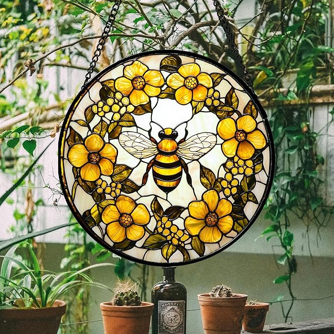 Stained Glass Window Hanging - Yellow Flowers Surrounded by Bees Sun Catcher for Door Garden Home Decor Cute Suncatcher Christmas Mother's Day Birthday Gifts for Women Men Mom Nana 15 in