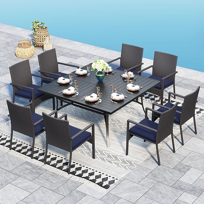 Sophia & William 9 Pieces Patio Dining Set for 8, 60" Large Square Patio Table and Rattan Chairs Set, All Weather Outdoor Dining Set, 8 People Metal Patio Table Set for Outside, Black Tabletop