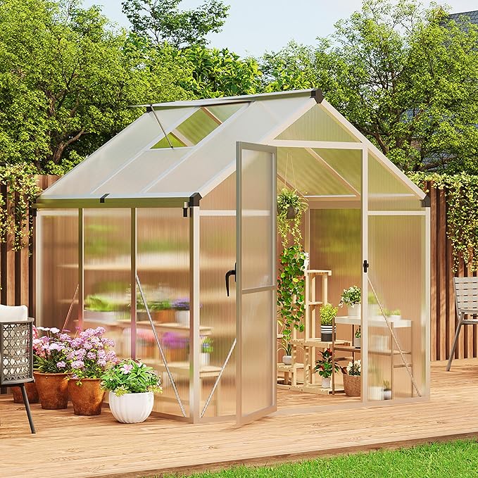6×6FT Greenhouse, Walk in Greenhouses for Outdoors and Seasons Garden Planting, GreenHouses with Quick Setup Structure and Roof Vent, Polycarbonate Greenhouse with Enhanced Aluminum Frame, Silver