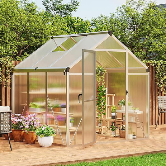 6×6FT Greenhouse, Walk in Greenhouses for Outdoors and Seasons Garden Planting, GreenHouses with Quick Setup Structure and Roof Vent, Polycarbonate Greenhouse with Enhanced Aluminum Frame, Silver