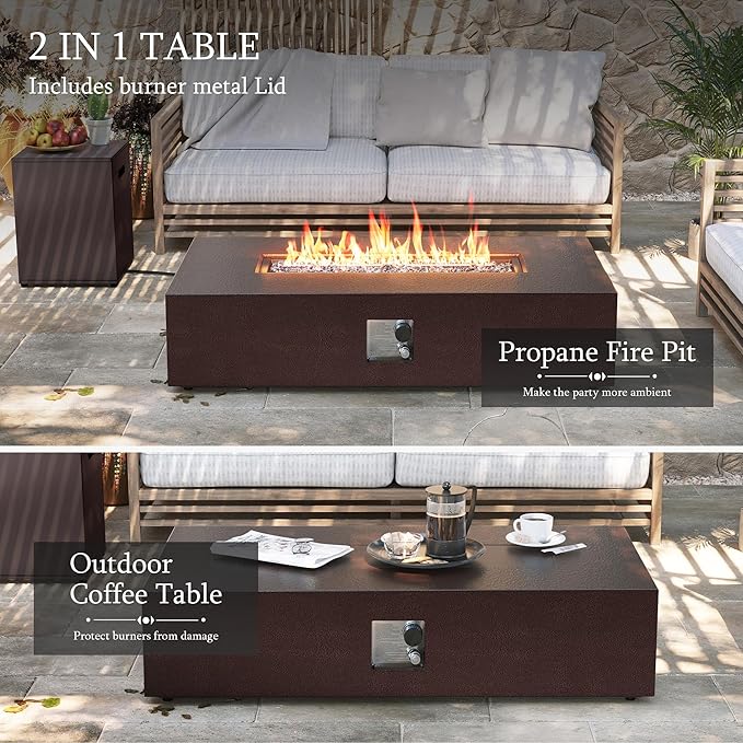 UPHA 56-inch Outdoor Propane Gas Fire Pit Table 50000 BTU Iron Rectangle Firepit for Outside Patio with Tank Hidden Table, Removable Lid, Blue Glass Rocks, Rain Cover, Brown