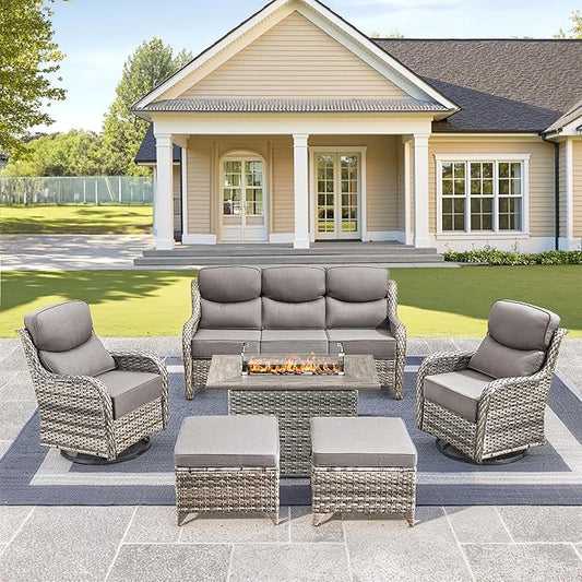 Luxury High Back Outdoor Furniture 6-Inch Thick Cushions with 50,000 BTU Gas Propane Fire Pit Tablet, Patio Furniture Set with Swivel Chairs, 6 PCS for Porch, Balcony, Deck and Yard