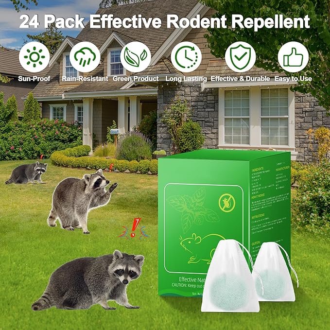 24 Pack Skunk Repellent for Outdoor - Raccoon Repellent Outdoor, Keep Skunks Raccoons Squirrels Away from Garden,Yard, Farm, Rodent Deterrent, Natural Ingredients Family & Pet Safe
