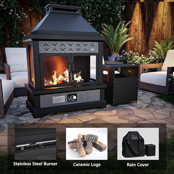 Outdoor Propane Fireplace w Tank Table, 50,000 BTU Gas Fire Pit with Ceramic Logs, Rain Cover, 35 Inch Steel Metal Smokeless Fireplace for Patio, Deck, CSA Certified (35 x 47 Inch)