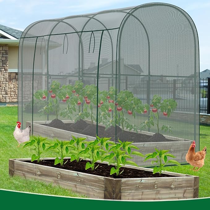 Crop Cages for Garden Plant, 9.8x3.3x6 Ft Plant Protection Netting Tent with Zippered Door, Raised Bed Cover, Garden Bed Cover with Frame, Wind-Resistant Plant Cages for Outdoor Plants