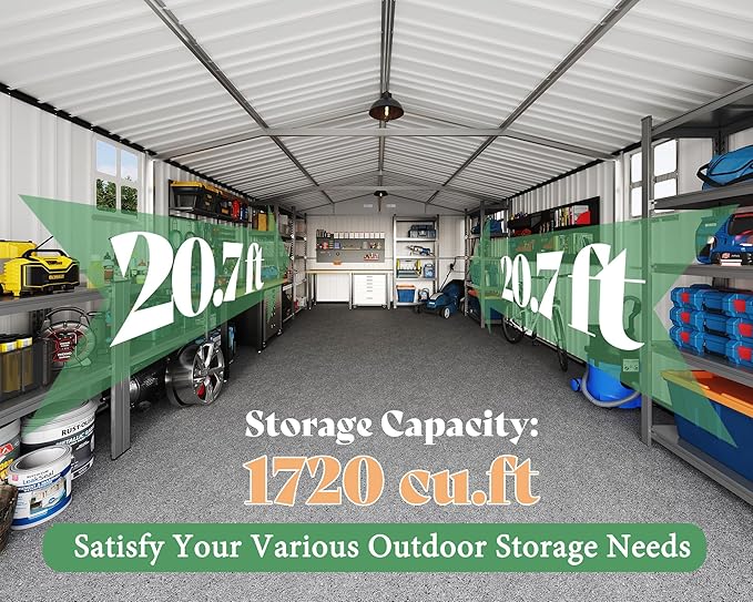 AMERLIFE 13.2x21x8 FT Outdoor Metal Garage Shed, Extra Large Storage Shed with Double Hinged Doors, 4 Windows, Carport for Car, Truck, Bicycle and Garden Equipment, Dark Gray