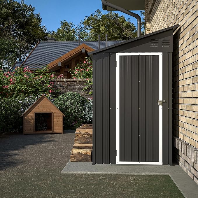4×8 FT Outdoor Metal Storage Shed,Heavy-Duty Lean to Storage Shed with Floor Base,Garden Tool Metal Storage House W/Lockable Door and 2 Air Vents,Weather Resistant,for Backyard,Patio,Lawn,Black