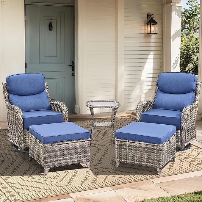 Luxury High Back Outdoor Furniture with 6-Inch Thick Cushions, Patio Furniture Set with Ottomans, 5 PCS Wicker Conversation Set for Porch, Balcony, Deck and Yard