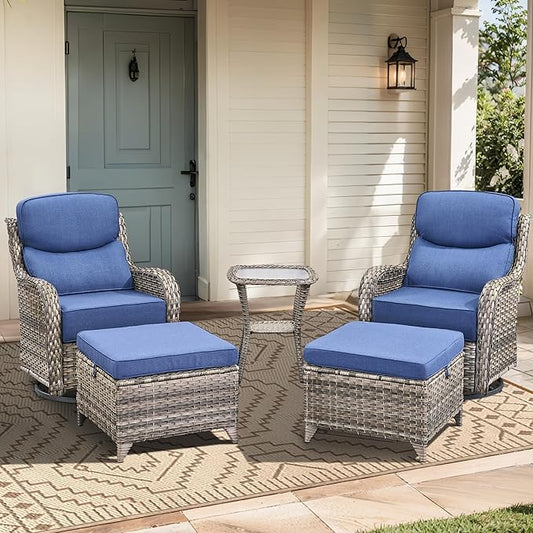 Luxury High Back Outdoor Furniture with 6-Inch Thick Cushions, Patio Furniture Set with Ottomans, 5 PCS Wicker Conversation Set for Porch, Balcony, Deck and Yard
